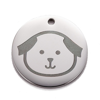 Pendentifs en acier inoxydable, polissage manuel, plat rond avec un chien