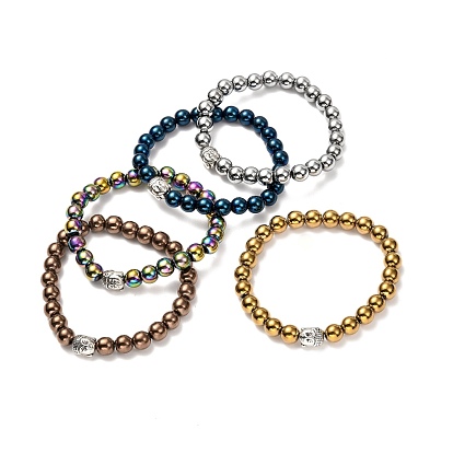 Synthetic Hematite Bracelet for Men Women, Alloy Buddha Head Stretch Bracelet