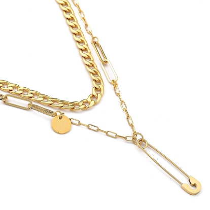 Pendant Necklaces & Cuban Link Chain Necklaces Sets, with Brass Chains, 201 Stainless Steel Safety Pins, 304 Stainless Steel Clasps & Flat Round Charm