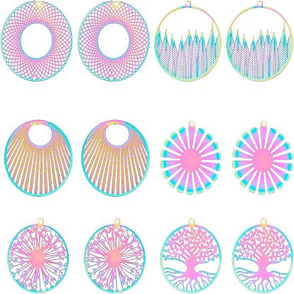 24шт 6 стиль ионного покрытия (ip) 201 филигранные подвески из нержавеющей стали, гравированные металлические украшения, плоский круглый и дерево жизни и цветок и одуванчик