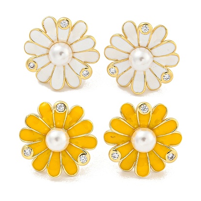 Rack Plating Brass Micro Pave Clear Cubic Zirconia Stud Earring, with Enamel, Cadmium Free & Lead Free, Long-Lasting Plated, Real 18K Gold Plated, Flower