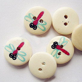 Round 2-Hole Buttons with Painted Dragonfly Pattern for Kids, Wooden Buttons