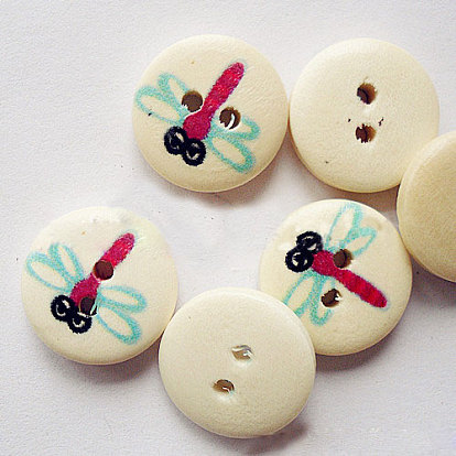 Round 2-Hole Buttons with Painted Dragonfly Pattern for Kids, Wooden Buttons