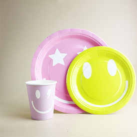 Бумажная посуда, одноразовые тарелки и чашки, партийные поставки, плоский круглый с рисунком улыбающегося лица