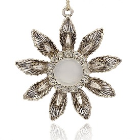 Antique Silver Plated Alloy Cat Eye Flower Pendants, with Crystal Rhinestone, 63x58x12mm, Hole: 3mm