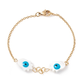 Synthetic Shell Hamsa Hand with Evil Eye Link Bracelet with Enamel, Gold Plated 304 Stainless Steel Jewelry for Women Ion Plating(IP)