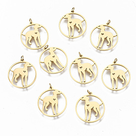 304 Stainless Steel Pendants, with Jump Rings, Laser Cut, Ring with Dog