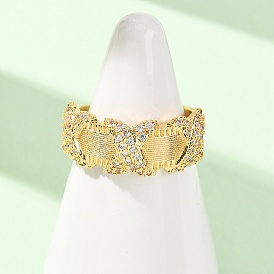 Brass Micro Pave Cubic Zirconia Cuff Open Rings, Cadmium Free & Lead Free, Rack Plating, Long-Lasting Plated, Real 18K Gold Plated