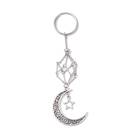 Pochette en macramé en laiton porte-pierre vide pendentif porte-clés, avec porte-clés fendus en fer et pendentif en alliage, lune