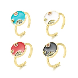 Cubic Zirconia Flat Round Cuff Ring with Enamel, Real 18K Gold Plated Brass Open Ring for Women, Cadmium Free & Lead Free