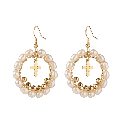 Pearl Beads Brass Dangle Earrings, Oval with Cross