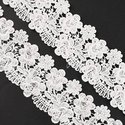 Cinta de poliéster, patrón de flores, con cuentas de perlas de imitación y diamantes de imitación de cristal, para accesorios de ropa