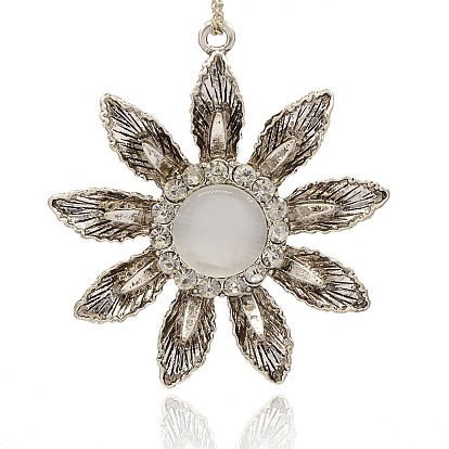 Antique Silver Plated Alloy Cat Eye Flower Pendants, with Crystal Rhinestone, 63x58x12mm, Hole: 3mm