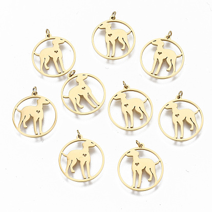 304 Stainless Steel Pendants, with Jump Rings, Laser Cut, Ring with Dog