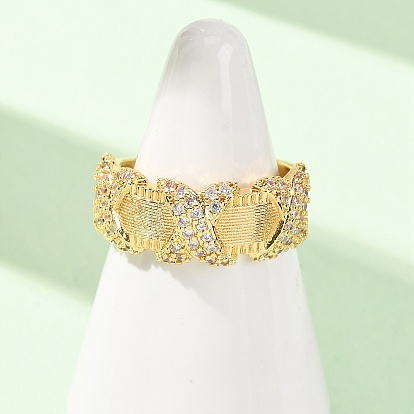 Brass Micro Pave Cubic Zirconia Cuff Open Rings, Cadmium Free & Lead Free, Rack Plating, Long-Lasting Plated, Real 18K Gold Plated