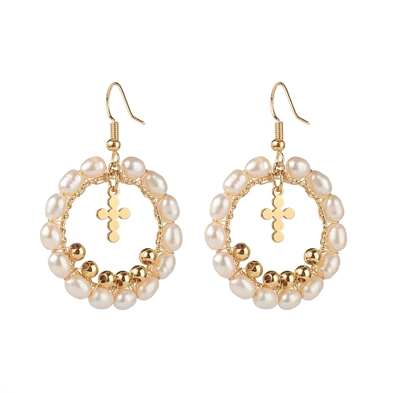 Pearl Beads Brass Dangle Earrings, Oval with Cross