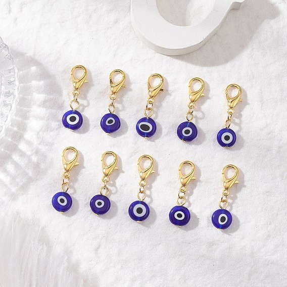 10 шт. плоские круглые подвески ручной работы от сглаза, с цинковым сплавом застежками омаров коготь, золотые