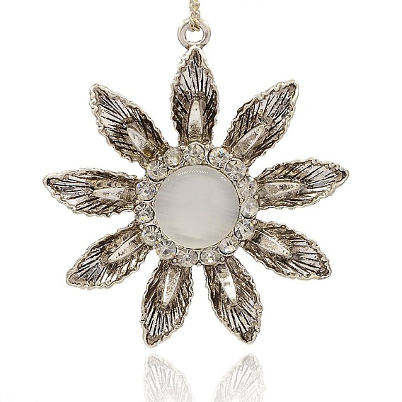 Argent antique plaqué alliage chat pendants de fleur d'oeil, avec strass cristal, 63x58x12mm, Trou: 3mm