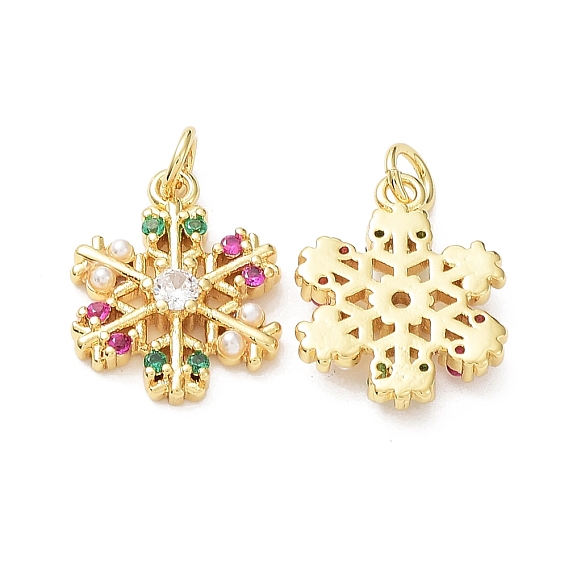 Подвески из латуни, циркония и пластика с искусственным жемчугом, без кадмия и без свинца, стойки покрытие, Новогодняя тема, снежинка