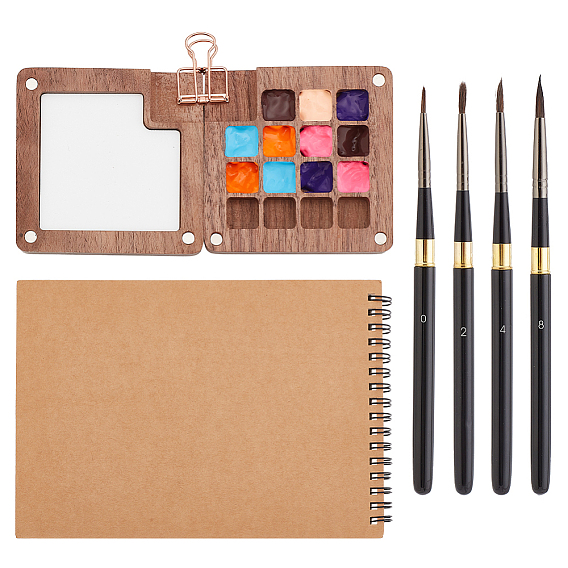 Портативный набор принадлежностей для акварели, включая деревянную коробку с палитрой акварельных красок, Алюминиевая съемная акварельная ручка-кисть, металлические зажимы для папок и альбом для художественного рисования