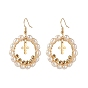 Pearl Beads Brass Dangle Earrings, Oval with Cross