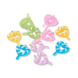 Frosted Luminous Resin Pendants, with Platinum Tone Iron Loops, Heart Lollipop Charms