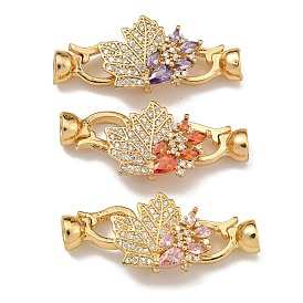 Brass Micro Pave Cubic Zirconia Fold Over Clasps, Maple Leaf, Real 18K Gold Plated