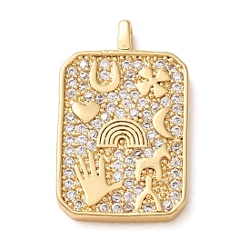 Brass Micro Pave Clear Cubic Zirconia Pendants, Rectangle with Lucky Symbol Charms