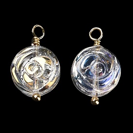 Glass Pendants, with Rack Plating Real 18K Gold Plated Brass Loops, Rose Flower Charms
