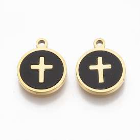 304 Stainless Steel Charms, with Black Acrylic, Flat Round with Cross