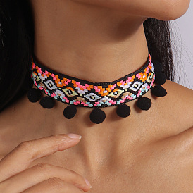 Bohemian Colorful Choker with Tassels and Pom Poms for Women's Fashion Necklace