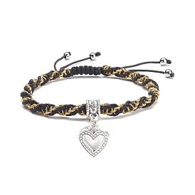 Metallic Cord Braided Bead Bracelet with Word Love and Heart Charm for Women