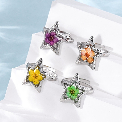 304 регулируемые открытые манжеты из нержавеющей стали, Женское кольцо со звездой из эпоксидной смолы и сухоцвета, платина