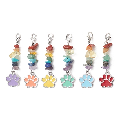 6 piezas 6 colores aleación esmalte huella de pata y chakra natural y chips de piedras preciosas sintéticas colgantes decoraciones, con aleación de zinc hebillas de pinza de langosta