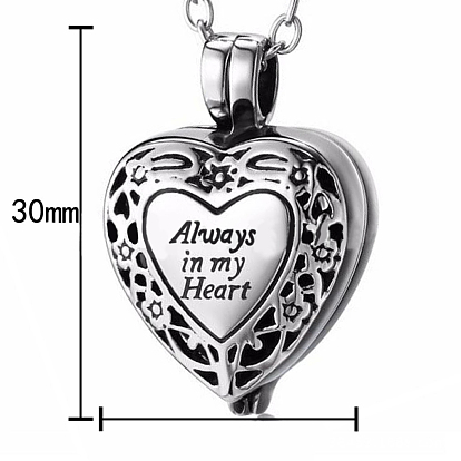 201 Stainless Steel Urn Pendants, for Commemoration, Excluding Chain, Heart with Word Always in My Heart