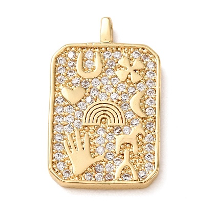 Brass Micro Pave Clear Cubic Zirconia Pendants, Rectangle with Lucky Symbol Charms