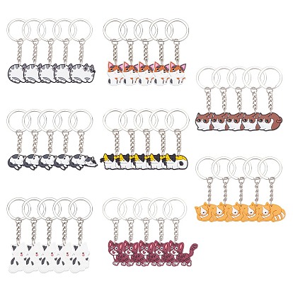 40pcs 8 Style Cute Cartoon PVC Plastic Cat Pendant Keychain, with Iron Findings
