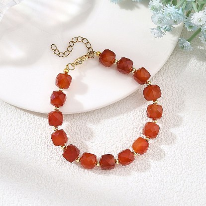 Faceted Cube Natural Carnelian and Brass Round Beaded Bracelets for Women, with 304 Stainless Steel Chain Extender