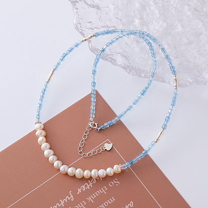 Ожерелья из натурального пресноводного жемчуга, риса и кубических бусин натурального аквамарина с цепочками на концах из стерлингового серебра
