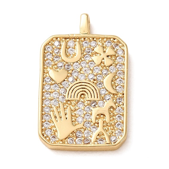 Brass Micro Pave Clear Cubic Zirconia Pendants, Rectangle with Lucky Symbol Charms