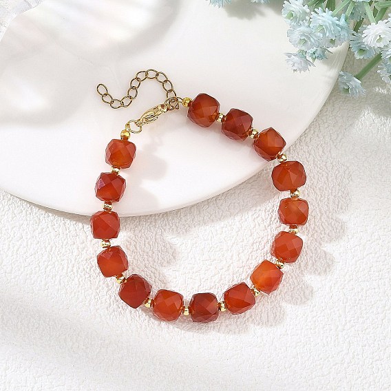 Faceted Cube Natural Carnelian and Brass Round Beaded Bracelets for Women, with 304 Stainless Steel Chain Extender