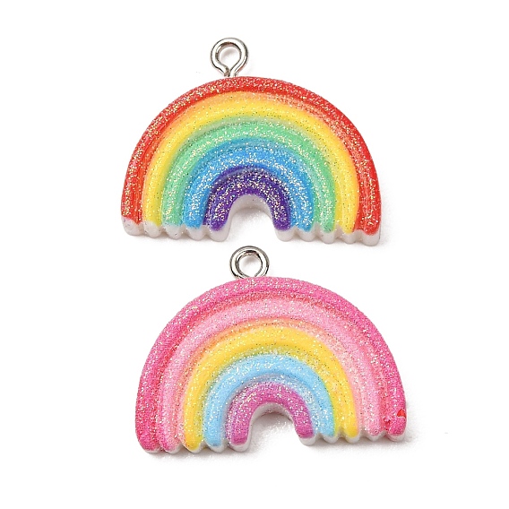 Opaque Resin Pendants, Rainbow Charms, with Platinum Iron Loops & Glitter Powder