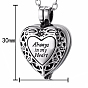 201 Stainless Steel Urn Pendants, for Commemoration, Excluding Chain, Heart with Word Always in My Heart