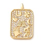 Brass Micro Pave Clear Cubic Zirconia Pendants, Rectangle with Lucky Symbol Charms