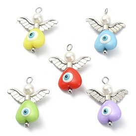 Tibetan Style Alloy Pendants, with Evil Eye Resin Beads and Round Shell Pearl Beads, Angel with Evil Eye