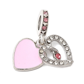 Rack Plating Alloy Light Rose & Crystal Rhinestone European Dangle Charms, Large Hole Heart Pendants with Enamel, Cadmium Free & Nickel Free & Lead Free, Platinum