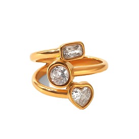 304 Stainless Steel Clear Cubic Zirconia Finger Rings, Rectangle & Flat Round & Heart