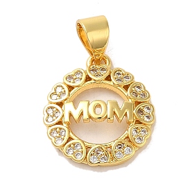 Brass Micro Pave Clear Cubic Zirconia Pendants, Round with Word MOM