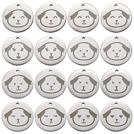 16Pcs 8 Style Stainless Steel Pendants, Manual Polishing, Flat Round with Dog