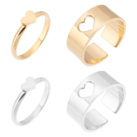 Unicraftale 4Pcs 2 Colors Heart Matching Couple Rings, 304 Stainless Steel Open Cuff Rings for Valentine's Day